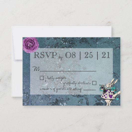 Donkerblauwe Alice in Wonderland Wedding RSVP (Voorkant)