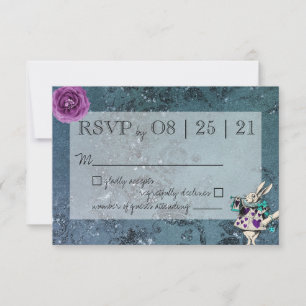 Donkerblauwe Alice in Wonderland Wedding RSVP Kaartje