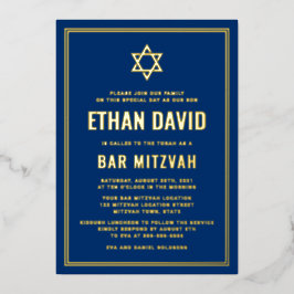 Donkerblauwe balk mitzvah Star van David gold of S Folie Uitnodiging