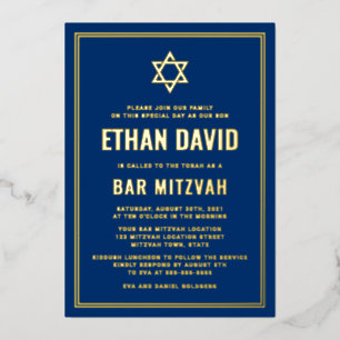 Donkerblauwe bar mitswa davidster goud of zilver folie uitnodiging