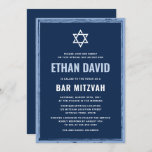 Donkerblauwe bar mitzvah-uitnodiging met ruwe rand kaart<br><div class="desc">Moderne,  donkerblauwe bar mitzvah uitnodiging met een lichtere blauwe,  ruwe grens. U kunt de doopvontkleuren met het ontwerphulpmiddel veranderen. Boven de uitnodigingstekst is een witte ster van David. Volg ons op Facebook voor meer producten,  aangepaste aanvragen,  verkopen,  nieuws en meer: @chaistationery</div>