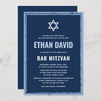Donkerblauwe bar mitzvah-uitnodiging met ruwe rand kaart