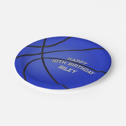 Donkerblauwe basketbal Happy Birthday Naam Papieren Bordje (Gekanteld)