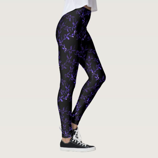 Donkerblauwe Bladeren Patroon Broek Leggings (Rechts)