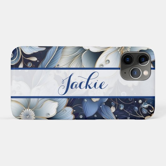 Donkerblauwe bloemen Case-Mate iPhone case (Achterkant (horizontaal))