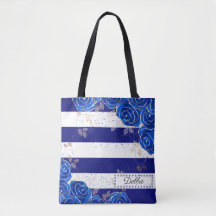  donkerblauwe bloemen en strips-Canvas tas