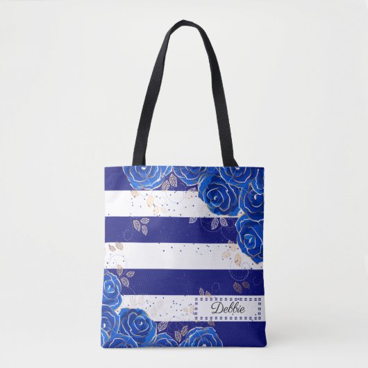 donkerblauwe bloemen en strips-Canvas tas (Voorkant)