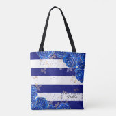 donkerblauwe bloemen en strips-Canvas tas (Achterkant)