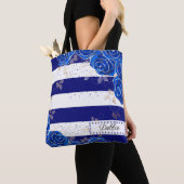 donkerblauwe bloemen en strips-Canvas tas (Dichtbij)