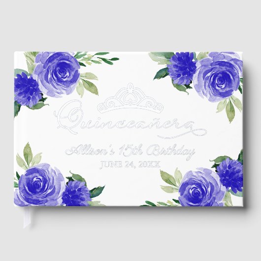Donkerblauwe bloemen Quinceanera Guest Book Gastenboek (Voorkant)