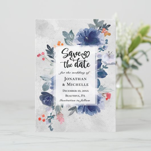 Donkerblauwe bloemen Rode bessen Save The Date (Staand voorkant)