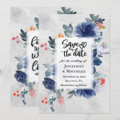 Donkerblauwe bloemen Rode bessen Save The Date (Voorkant / Achterkant)