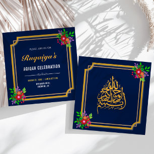 Donkerblauwe bloemenrand babymeisje Aqiqah Kaart