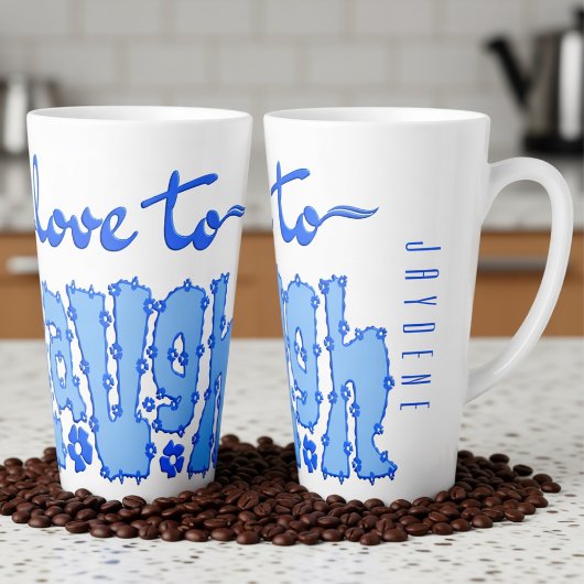Donkerblauwe bloemige chunky tekst slogan met naam latte mok