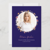 Donkerblauwe Boho Wildflower Krans Afstudeerfeest Kaart (Achterkant)