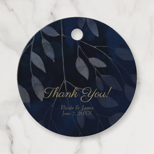 Donkerblauwe botanische bladeren Moderne aardbevin Bedankjes Labels (Voorkant)