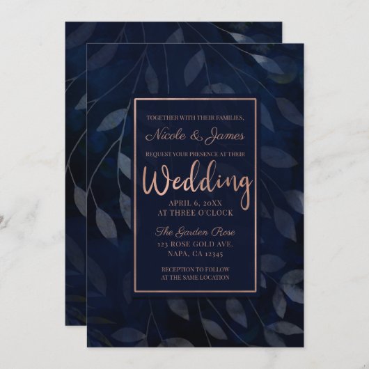 Donkerblauwe botanische bladeren Moderne roze trou Kaart (Voorkant / Achterkant)