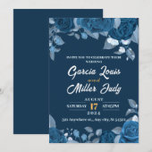 Donkerblauwe bruiloft met elegante blauwe rozen kaart (Voorkant / Achterkant)