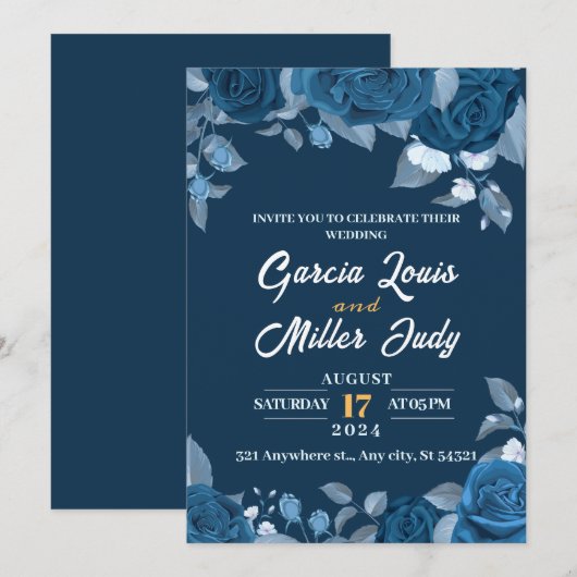 Donkerblauwe bruiloft met elegante blauwe rozen kaart (Voorkant / Achterkant)