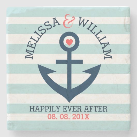 Donkerblauwe bruiloft nautische anker munt strepen stenen onderzetter (Voorkant)