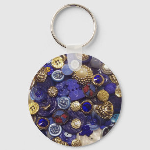 Donkerblauwe Button collage Sleutelhanger