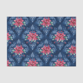 Donkerblauwe damast met rode poinsettia bloemen tissuepapier