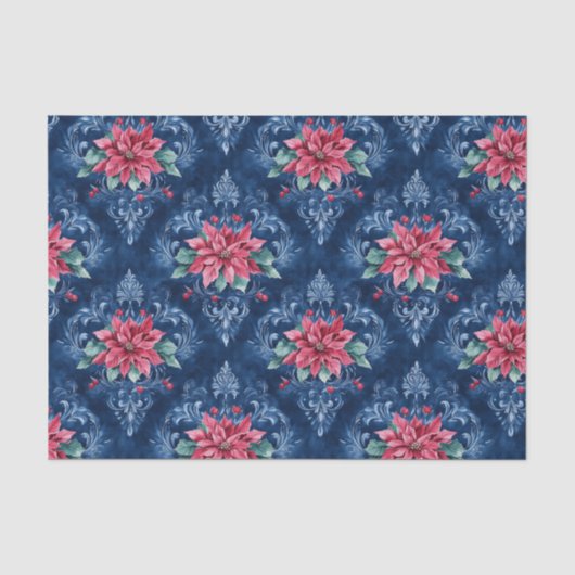 Donkerblauwe damast met rode poinsettia bloemen tissuepapier (Voorkant)
