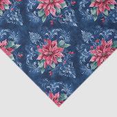 Donkerblauwe damast met rode poinsettia bloemen tissuepapier (Detail)