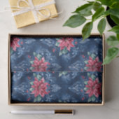 Donkerblauwe damast met rode poinsettia bloemen tissuepapier (Geschenk)