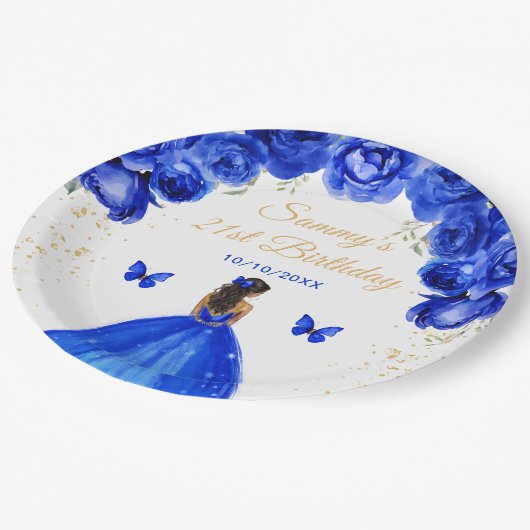 Donkerblauwe Donkere Huid Prinses Verjaardagsfeest Papieren Bordje (Gekanteld)