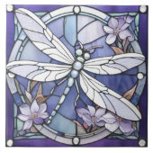 Donkerblauwe Dragonfly Glas in lood Flower Tegeltje (Voorkant)