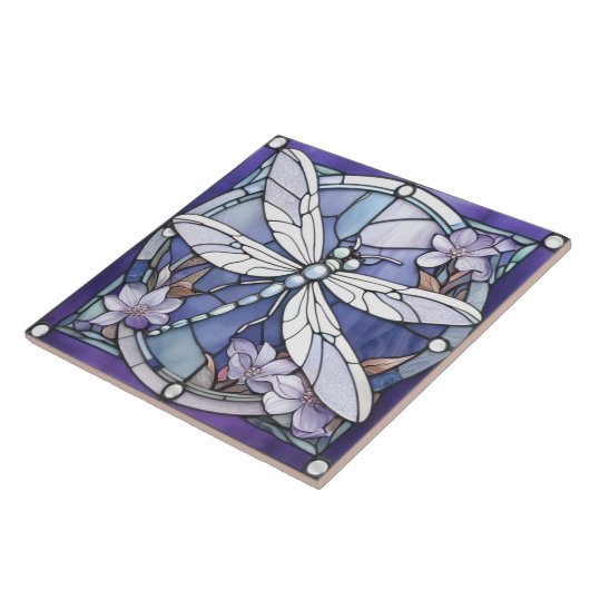 Donkerblauwe Dragonfly Glas in lood Flower Tegeltje (Zijkant)