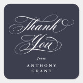 Donkerblauwe elegante script afstudeer bedankje vierkante sticker (Voorkant)