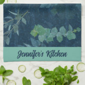 donkerblauwe en Blauwgroen groene bladeren Theedoek (Gevouwen)