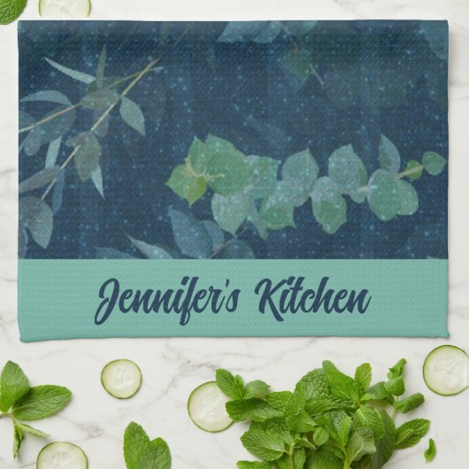  donkerblauwe en Blauwgroen groene bladeren Theedoek (Gevouwen)