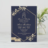 Donkerblauwe en champagnegouden bubbelbrunch kaart (Staand voorkant)