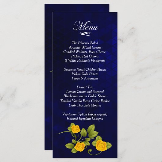 Donkerblauwe en gele rozenbruiloft menu (Voorkant / Achterkant)