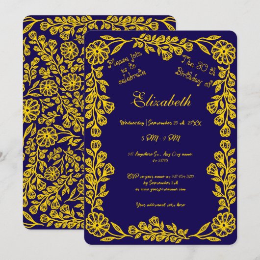 Donkerblauwe en gouden botanische bloem 30e verjaa kaart (Voorkant / Achterkant)