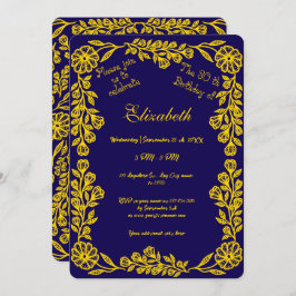 Donkerblauwe en gouden botanische bloem 30e verjaa kaart