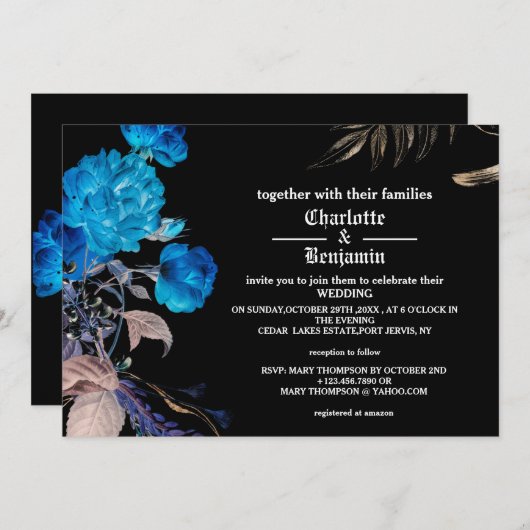 Donkerblauwe en gouden Roos Gothic Wedding Kaart (Voorkant / Achterkant)
