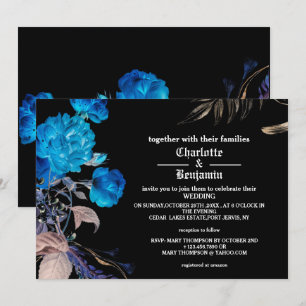 Donkerblauwe en gouden Roos Gothic Wedding Kaart