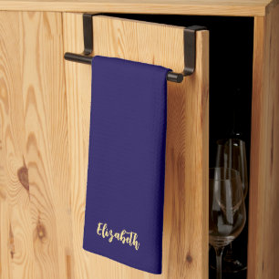 Donkerblauwe en gouden trendy script naam elegant theedoek