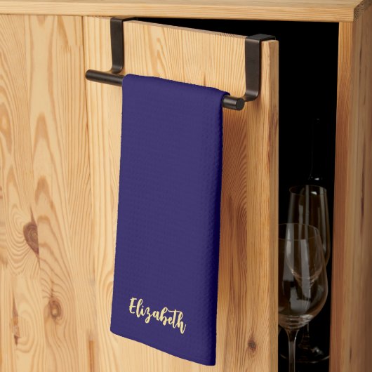 Donkerblauwe en gouden trendy script naam elegant theedoek (Derde Gevouwen)