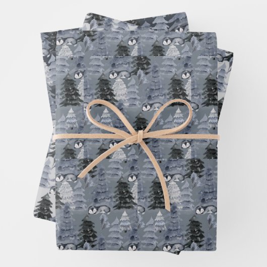 Donkerblauwe en grijze kerstbomen inpakpapier vel (In situ)