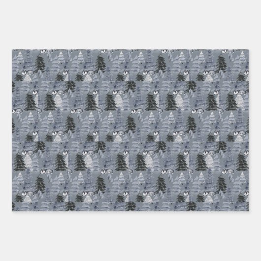 Donkerblauwe en grijze kerstbomen inpakpapier vel (Voorkant)