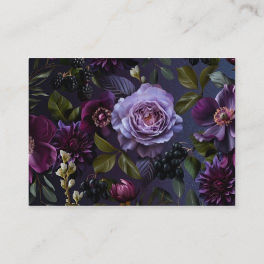 Donkerblauwe en paarse bloemrijke bruidsbruiloft i informatiekaartje (Achterkant)