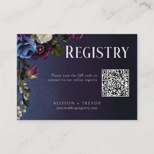Donkerblauwe en paarse bloemrijke bruidsbruiloft i informatiekaartje (Voorkant)