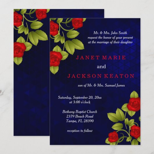 Donkerblauwe en rode rozenbruiloft kaart (Voorkant / Achterkant)