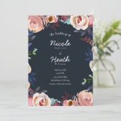 Donkerblauwe en roze waterverf bloemige bruiloft kaart (Staand voorkant)