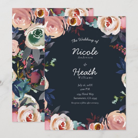 Donkerblauwe en roze waterverf bloemige bruiloft kaart (Voorkant / Achterkant)